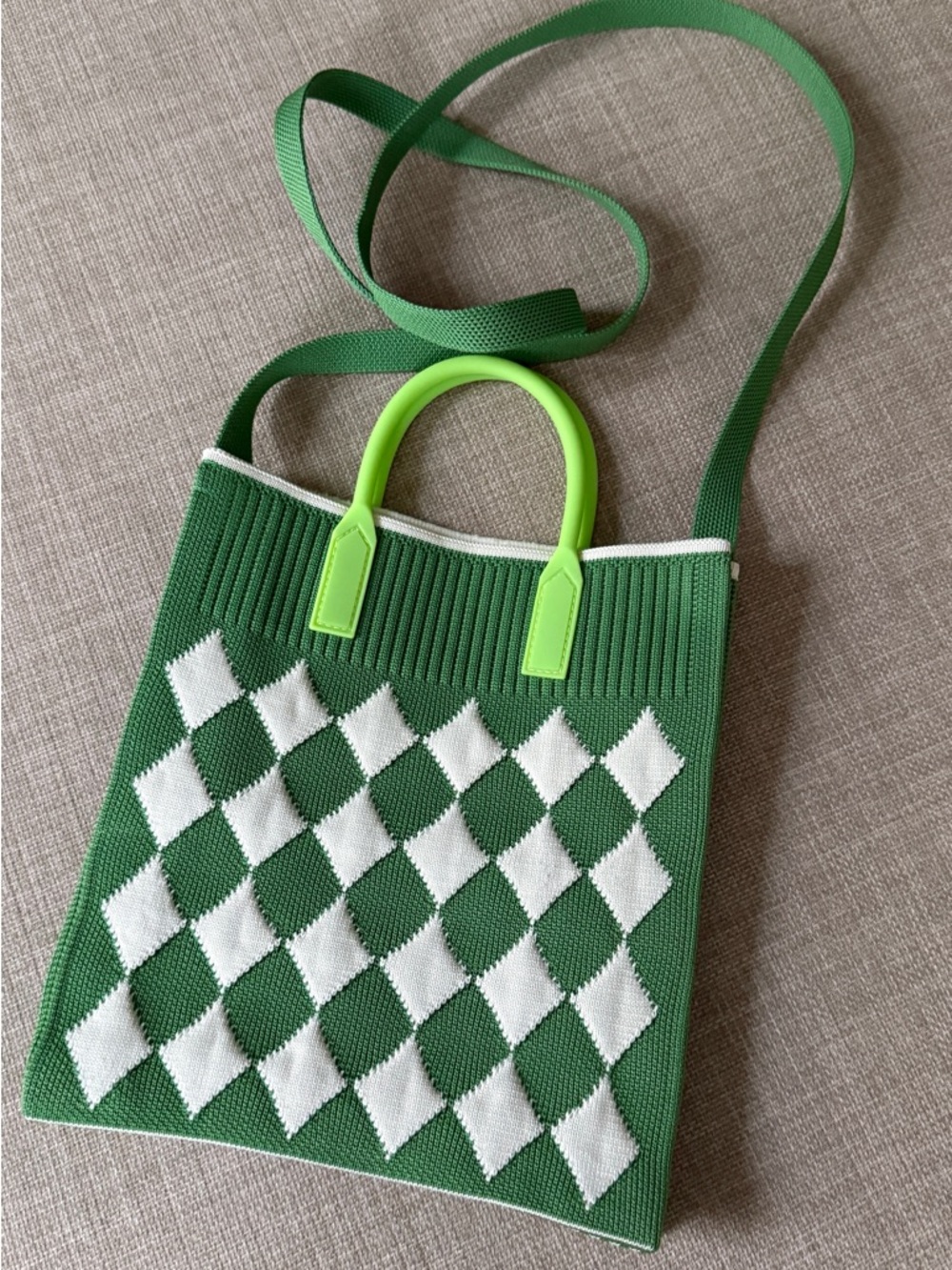 Green Argyle Knit Tote with Neon Green Handles